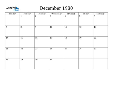 December 1980 Calendar